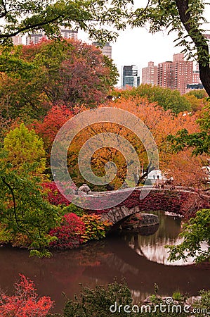 Fall colors at Gapstow Bridge in Central Park. Stock Photo