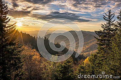 Fall colors, scenic sunrise, Great Smoky mountains Stock Photo