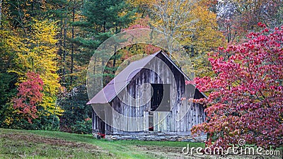 Fall colors surround antique barn in Oct Stock Photo
