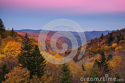 Fall colors, twilight, Smoky mountains Stock Photo