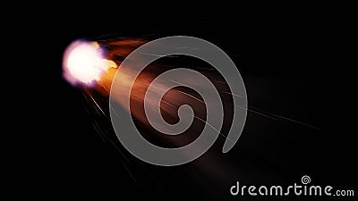 Fall comet from space, fiery tail falling meteorite. Entry of an asteroid comet into the Earth atmosphere on a black background. Stock Photo