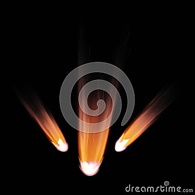 Fall comet from space, fiery tail falling meteorite. Entry of an asteroid comet into the Earth atmosphere on a black background. Stock Photo