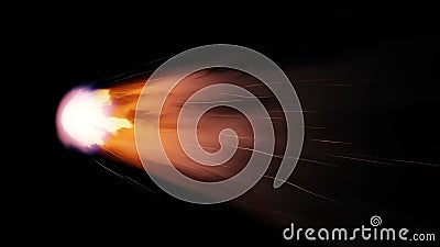 Fall comet from space, fiery tail falling meteorite. Entry of an asteroid comet into the Earth atmosphere on a black background. Stock Photo