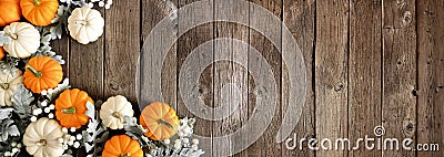 Fall corner border of orange and white pumpkins and silver autumn leaves against a dark wood banner background Stock Photo