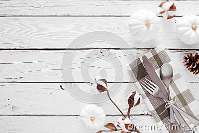 Thanksgiving or fall harvest dinner concept, above view against a white wood background Stock Photo