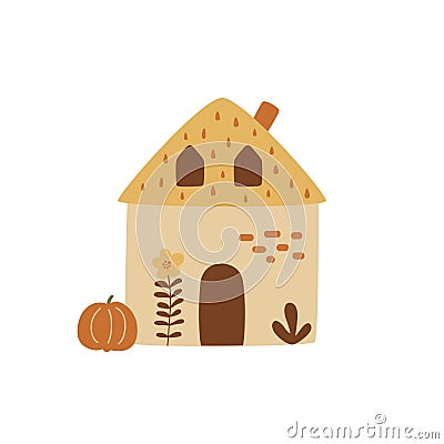 Fall cottage countryside house with pumpkin hand drawing Rural village element. Autumn landscape house Cartoon Illustration