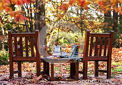 Fall Day Two Wood Chairs Books Drinks Stock Photo