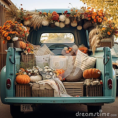 Fall Digital Backdrop, Autumn Pickup Truck Digital Background Stock Photo