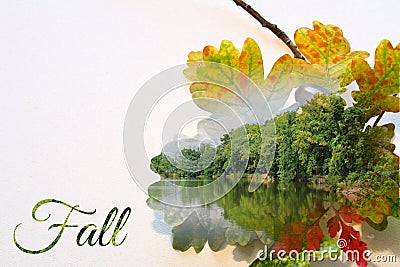 Fall double exposure in leaf and landscape with pond Stock Photo