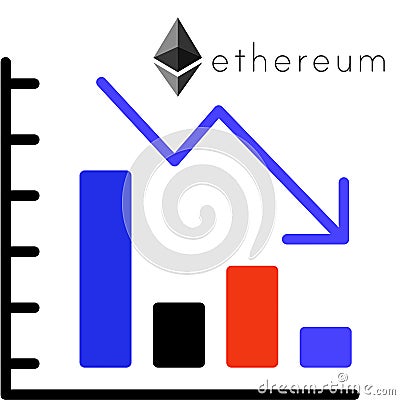 The fall of ethereum coin showing in colourful graph with icon. Cartoon Illustration