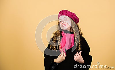 Fall fashion. Kid girl wear coat. Girl fashionable fall coat. Child cheerful walking wearing warm coat or jacket Stock Photo