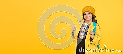 Fall fashion. Little girl wearing stylish hat and coat. Schoolgirl fancy child. Aesthetics of clothes. Fall outfit Stock Photo