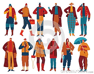 Fall fashion trends for fall people in trendy outfits set vector illustration. Fashionable style women and men in Vector Illustration