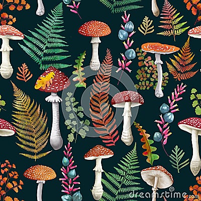 Fall fern leaves and fly agaric mushrooms seamless watercolor pattern Autumn leaves red poison mushrooms Autumn print Stock Photo