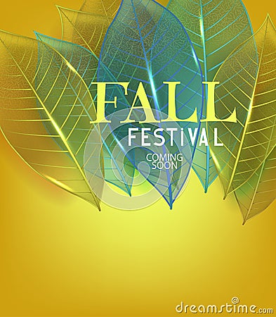 Fall festival announcement banner with yellow and blue skeleton leaves. Vector Illustration