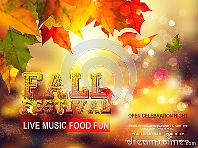 Fall Festival flyer or poster template. Bright red, yellow autumn leaves on mesh background space for your text. Vector Illustration