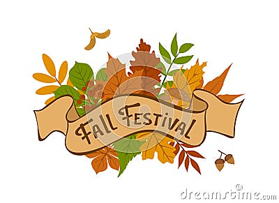 Fall festival vintage badge with forest autumn colorful leaves Vector Illustration