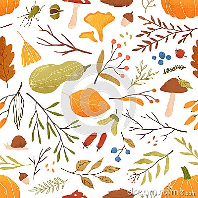 Fall flat vector seamless pattern. Autumn decorative background with pumpkins. Forest leaves and mushrooms texture. Fall Vector Illustration