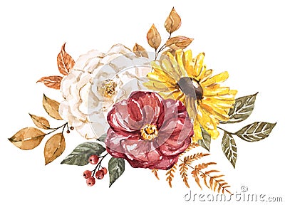 Fall floral bouquet illustration. Watercolor hand-painted autumn flowers and dry leaves arrangement, isolated on white background Stock Photo