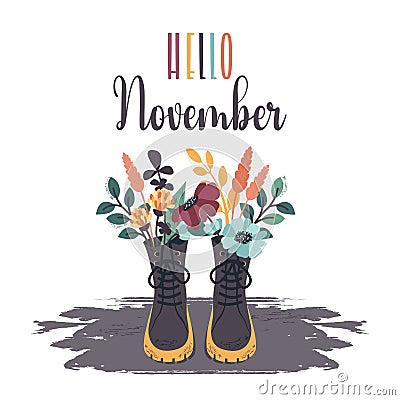 Fall flowers in seasonal boots. Hand drawn doodle floral elements in black shoes. Autumn bouquets, leaves, lettering. Vector flat Vector Illustration