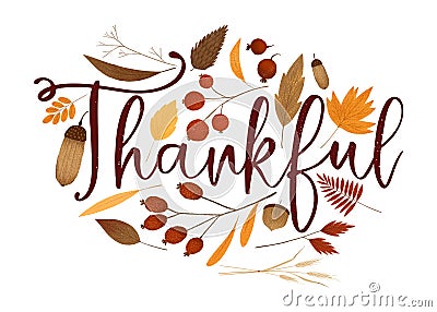 Fall Foliage Thankful Lettering Card Cartoon Illustration