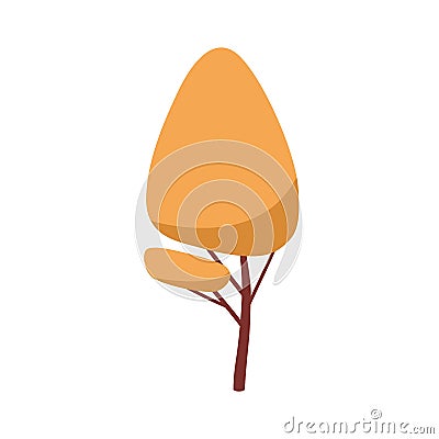 Fall forest tree with orange crown and trunk. Autumn wood deciduous leafy plant with lush foliage krone. Abstract Vector Illustration