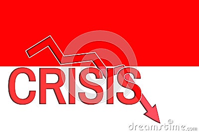 Fall graph and word crisis on the background of the flag of Indonesia. Economic crisis and recession in Indonesia Stock Photo