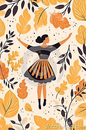 Fall happy character meditating autum leaf women active Cartoon Illustration