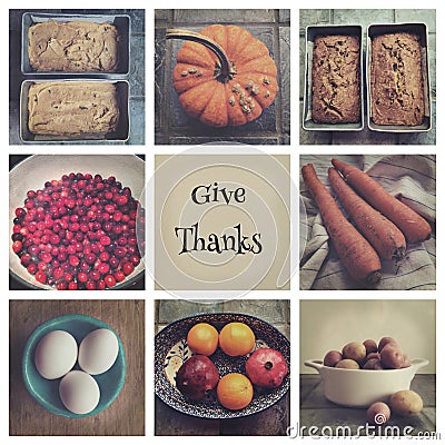 Give thanks Fall food collage for Thanksgiving. Stock Photo