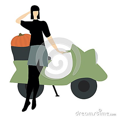 Autumn holidays design. Girl, scooter and pumpkin Vector Illustration