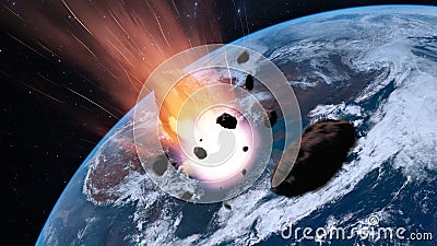 Fall huge asteroid to earth, big explosion. Armageddon, end of the world. Destruction of planet earth by huge asteroid. 3d render Stock Photo