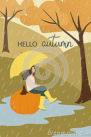 Fall landscape. Girl sitting on pumpkin under umbrella. Rainy autumn Vector Illustration