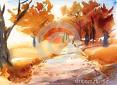 Fall Landscape with Trees and Walking Man Watercolor Nature Illustration Hand Painted Stock Photo