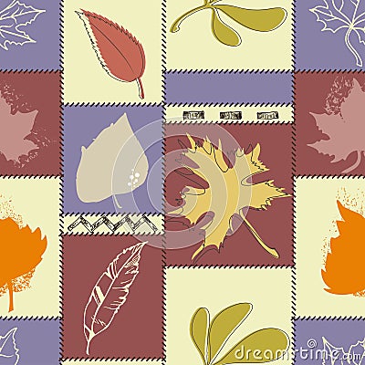 Fall leaf seamless pattern over square color blocks Vector Illustration