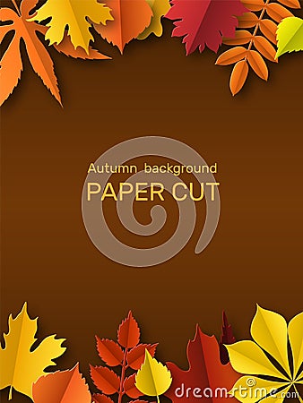 Fall leaves banner. Autumn border, paper cut frame yellow and red leaf. Thanksgiving gold foliage decoration. Seasonal Vector Illustration