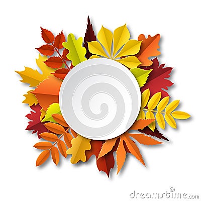 Fall leaves composition. Paper cut frame with autumn falling yellow foliage, seasonal floral botanical elements below Vector Illustration