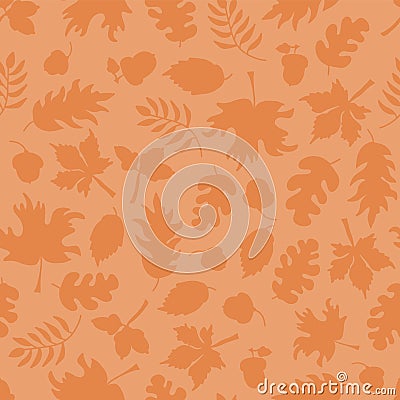 Fall leaves seamless vector background. Orange leaf silhouettes on light orange. Acorns, oak tree, maple tree pattern. Subtle Vector Illustration