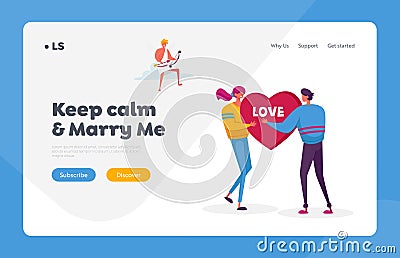 Fall in Love Landing Page Template. Man Ask Woman to Marry. Young Characters Share Huge Red Heart Pierced Vector Illustration