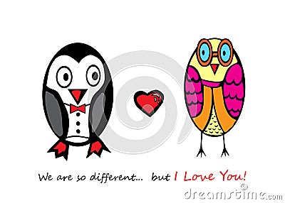 Fall in love penguin and owl. Vector Illustration