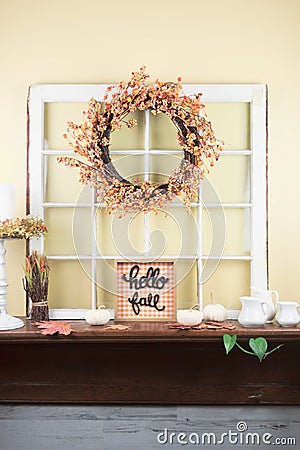 Fall mantel decor - light and bright style Stock Photo