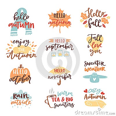 Fall nature season vintage hand drawn lettering stickers with text autumn and floral elements phrases vector Vector Illustration