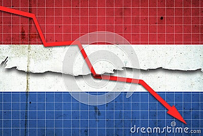 Fall of the Netherlands Economy. Recession graph with a red arrow on the Netherlands flag. Economic decline. Decline in the Stock Photo