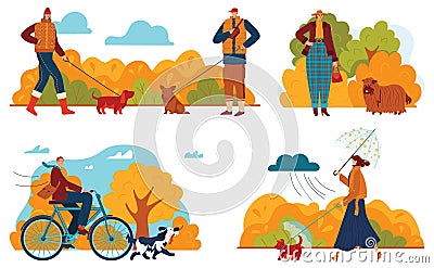 Fall park, dog nature walk, leaves fly tree, walking girl, riding great animal, design, in cartoon style vector Vector Illustration