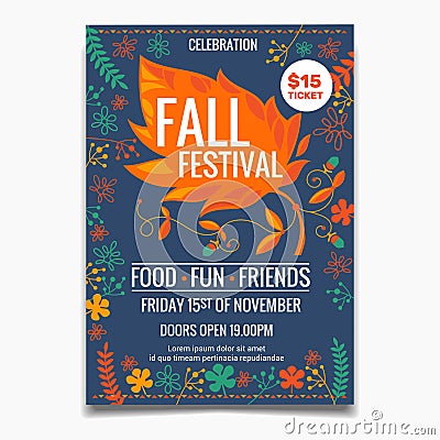 Fall Festival flyer or poster template. creative colorful maple leaves elements with floral Vector Illustration