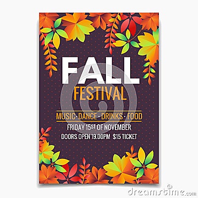 Fall Festival flyer or poster template. Bright autumn leaves on dark background Vector Illustration