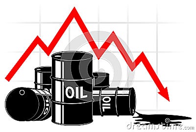 The fall in the price of oil. Graph and barrels. The cost decreases. The crisis of the economy. Stock Photo