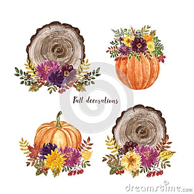 Fall pumpkin and wood slice arrangement set. Watercolor harvest illustrations. Orange squashes, flowers and autumn foliage Cartoon Illustration