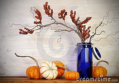 Fall Pumpkins Blue Vase Stock Photo