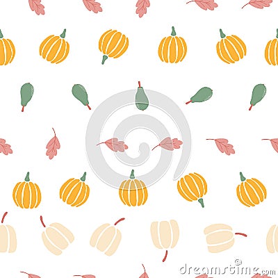 Fall pumpkins in rows seamless pattern. Hand-drawn pumpkins of different shapes in on a white background, vector Vector Illustration