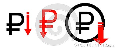 Fall of the ruble icon. Graffic down symbol. Sign ruble and arrow vector Vector Illustration